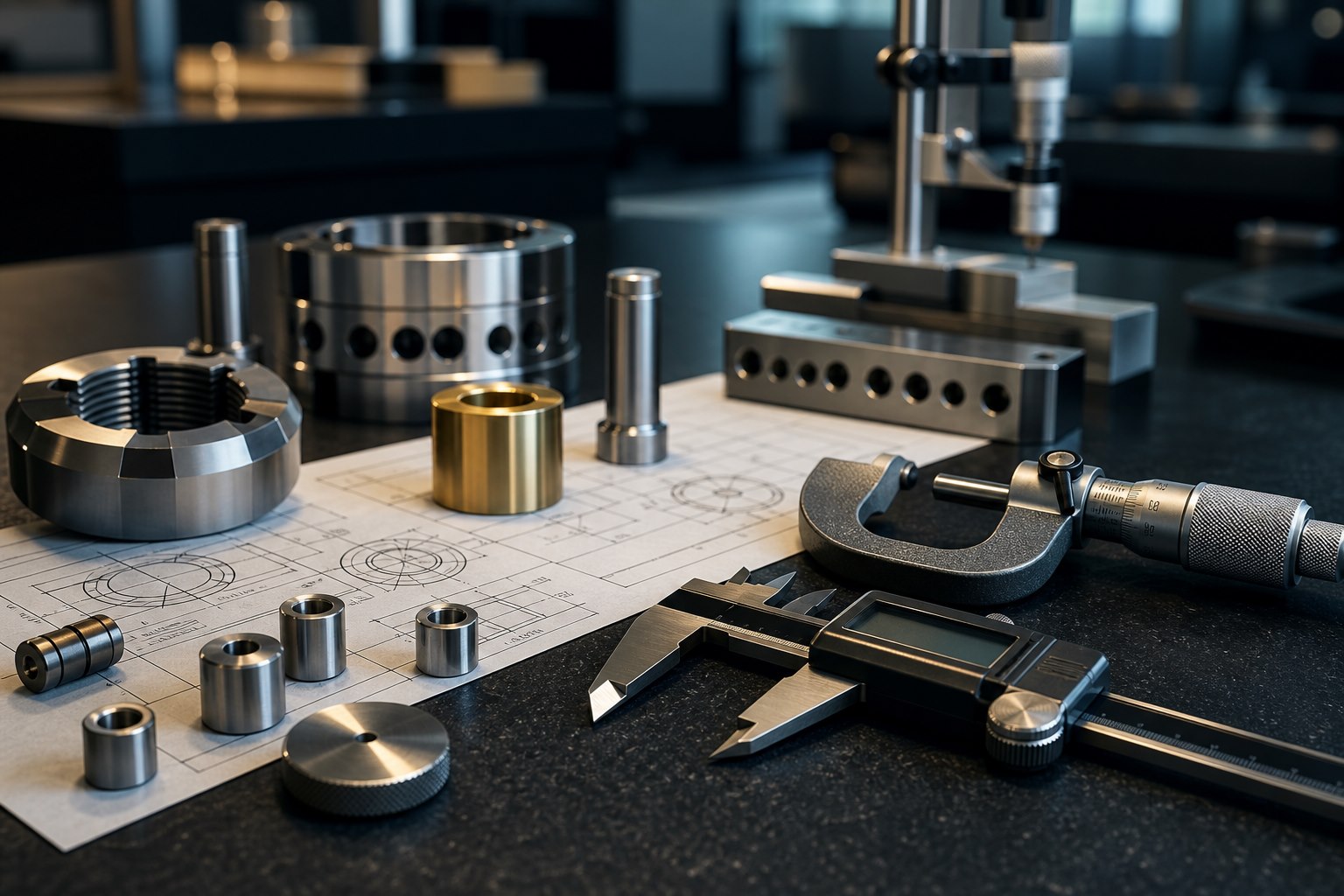 Inspection tools, precision parts, and technical drawings on a quality lab bench